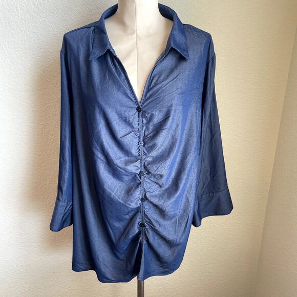Unique Spectrum Tops - Unique Spectrum Blue Chambray faux button down Blouse Plus size womens 3XL top